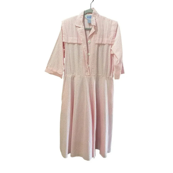 Vintage McNally Pink White Striped Pattern Button Front Midi Dress Size 12 - Picture 1 of 4